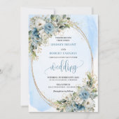 Watercolor Blue Flowers Eucalyptus Gold Wedding  招待状 (正面)