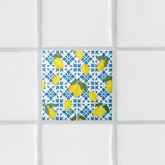 Watercolor Blue French Country Lemon Pattern Tile タイル