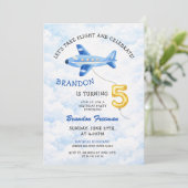 Watercolor Blue & Gold Airplane 5th Birthday 招待状 (スタンド正面)