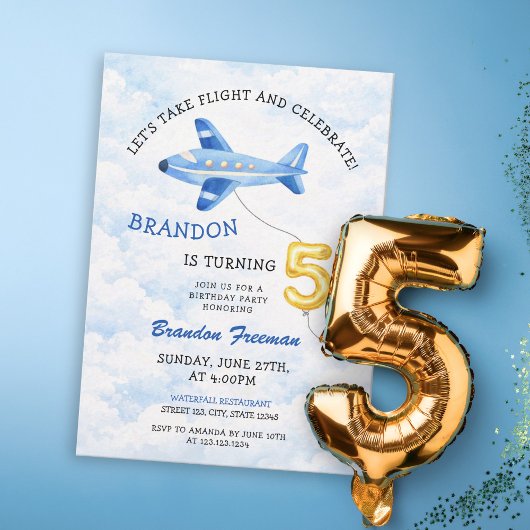Watercolor Blue & Gold Airplane 5th Birthday 招待状