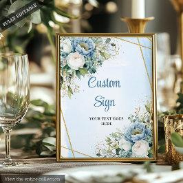 Watercolor Blue Gold Glitter Greenery Wedding Sign ポスター