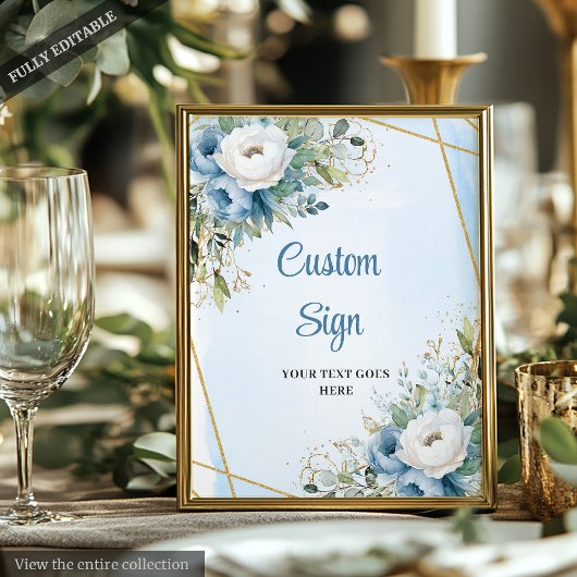 Watercolor Blue Gold Glitter Greenery Wedding Sign ポスター