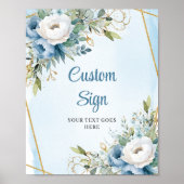 Watercolor Blue Gold Glitter Greenery Wedding Sign ポスター (正面)