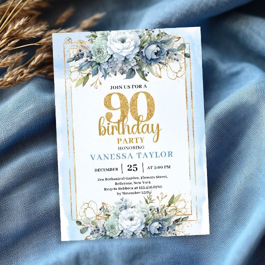Watercolor Blue Gold Glow 90th Birthday Invitation 招待状