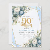 Watercolor Blue Gold Luxe 90th Birthday Invitation 招待状 (正面)