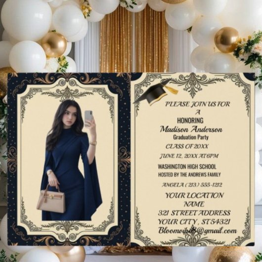 Watercolor Blue Gold Marble Agate Graduation Party 箔カード