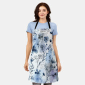 Watercolor Blue Gray Floral Pattern Personalized エプロン (着用した状態)