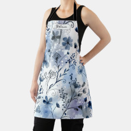 Watercolor Blue Gray Floral Pattern Personalized エプロン