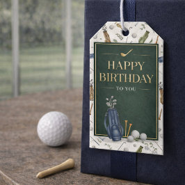Watercolor Blue Green Golf Pattern Happy Birthday ギフトタグ