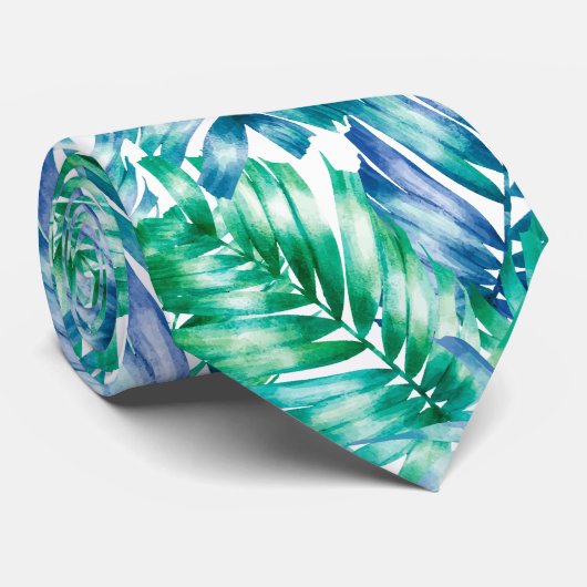 Watercolor Blue Green Tropical Palm Tree ネクタイ (ロール)