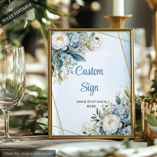 Watercolor Blue Greenery Gold Glitter Wedding Sign ポスター