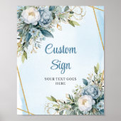 Watercolor Blue Greenery Gold Glitter Wedding Sign ポスター (正面)