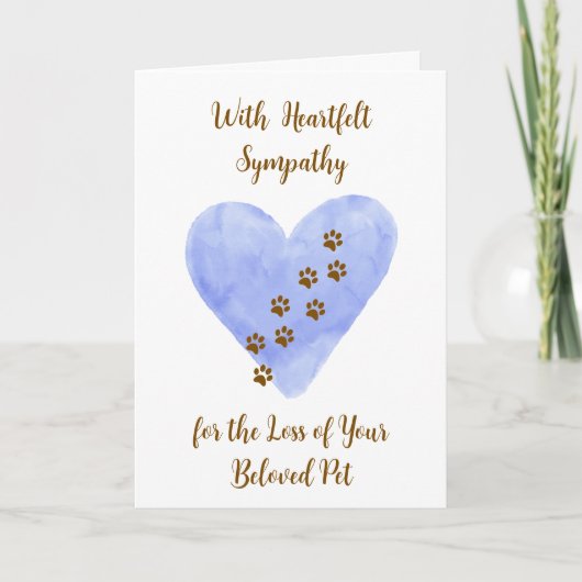 Watercolor Blue Heart with Pet Paws Sympathy カード (正面)