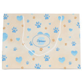 Watercolor Blue Hearts & Paw Prints Pattern ラージペーパーバッグ (正面)