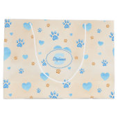 Watercolor Blue Hearts & Paw Prints Pattern ラージペーパーバッグ (裏面)