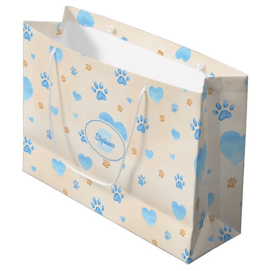 Watercolor Blue Hearts & Paw Prints Pattern ラージペーパーバッグ (正面アングル)