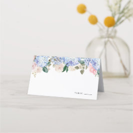 Watercolor Blue Hydrangea and Pink Roses Floral プレイスカード