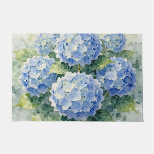 Watercolor Blue Hydrangea Bouquet ドアマット (正面)