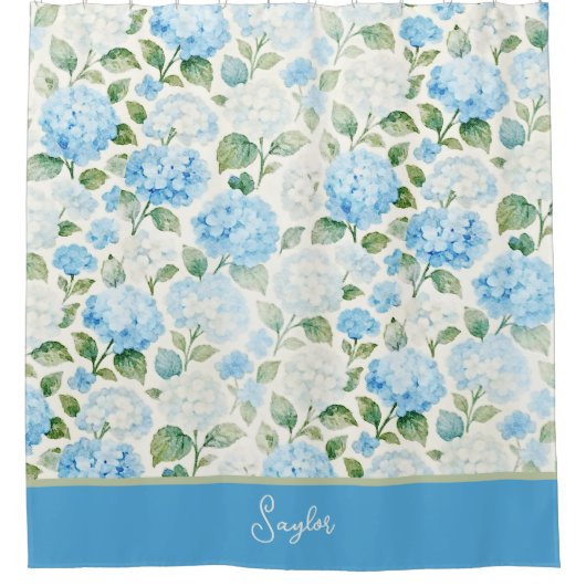 Watercolor Blue Hydrangea Floral Name シャワーカーテン (正面)