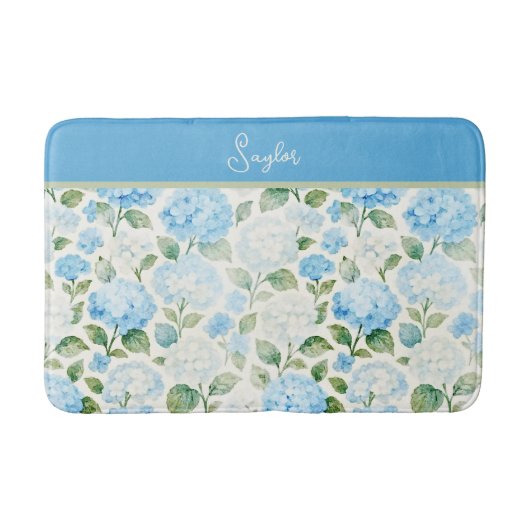 Watercolor Blue Hydrangea Floral Name バスマット (正面)