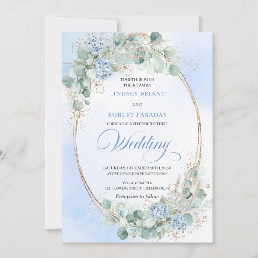 Watercolor Blue Hydrangea Wheat Wedding Invitation 招待状 (正面)