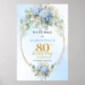 Watercolor Blue Hydrangeas 80th birthday welcome ポスター (正面)