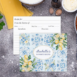 Watercolor Blue Italian Tile Lemon Recipe Card
