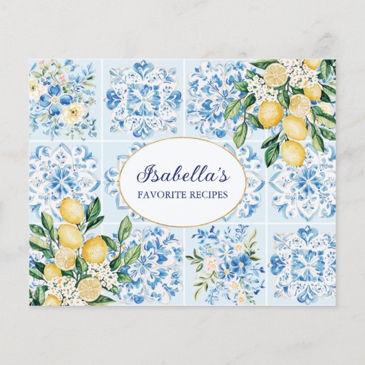 Watercolor Blue Italian Tile Lemon Recipe Card (裏面)