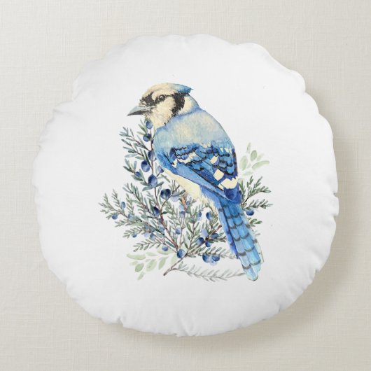 Watercolor Blue Jay Bird Blueberries Country Art ラウンドクッション (正面)