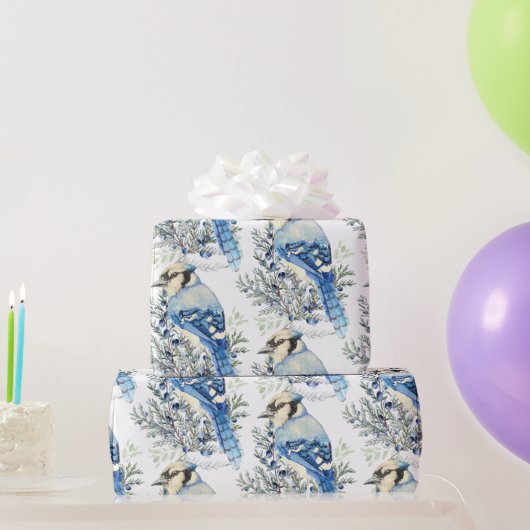 Watercolor Blue Jay Bird Blueberries Country Art ラッピングペーパー (パーティーギフト)
