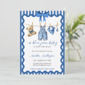 Watercolor Blue Jean Baby Clothesline Baby Shower 招待状 (スタンド正面)