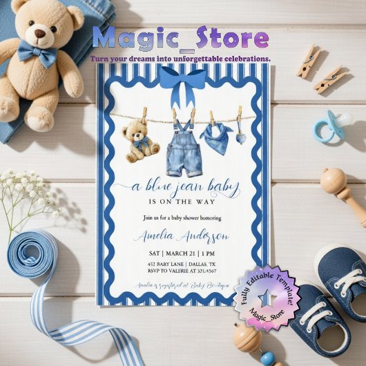 Watercolor Blue Jean Baby Clothesline Baby Shower 招待状