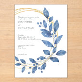 Watercolor Blue Leaves Gold Wedding Invitation アクリル招待状 (正面)