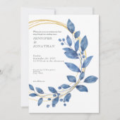Watercolor Blue Leaves Gold Wedding Invitation 招待状 (正面)