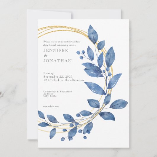 Watercolor Blue Leaves Gold Wedding Invitation 招待状 (正面)