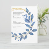 Watercolor Blue Leaves Gold Wedding Invitation 招待状 (スタンド正面)