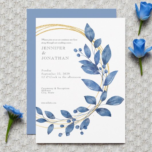 Watercolor Blue Leaves Gold Wedding Invitation 招待状