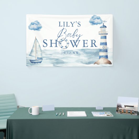 Watercolor Blue Nautical Baby Shower Welcome 横断幕 (トレードショー)
