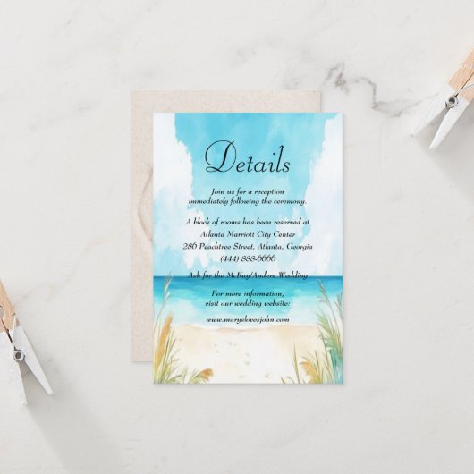Watercolor Blue Ocean Beach Wedding Details Card (正面/裏面インサイチュ)