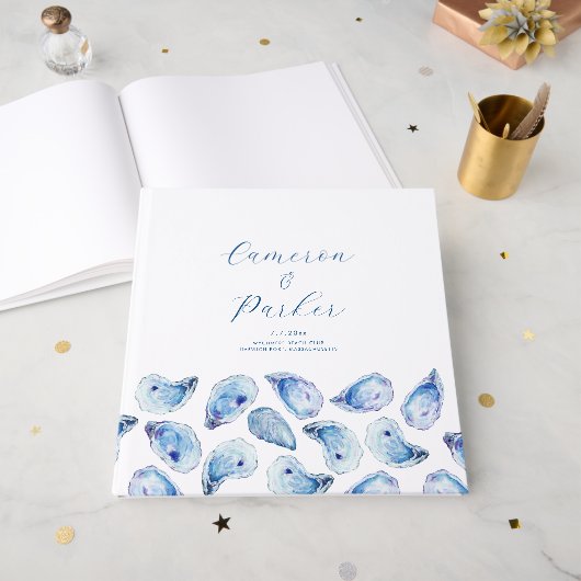 Watercolor Blue Oyster Shell Square Wedding ゲストブック (正面見開き)