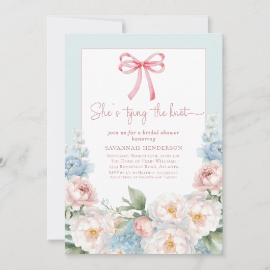 Watercolor Blue Pink Floral Bow Bridal Shower 招待状 (正面)