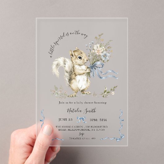 Watercolor Blue Ribbon Squirrel Baby Shower  アクリル招待状 (インサイチュ (ポータブル))