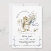 Watercolor Blue Ribbon Squirrel Baby Shower  招待状 (正面)