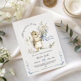 Watercolor Blue Ribbon Squirrel Baby Shower  招待状