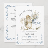 Watercolor Blue Ribbon Squirrel Baby Shower  招待状 (正面/裏面)