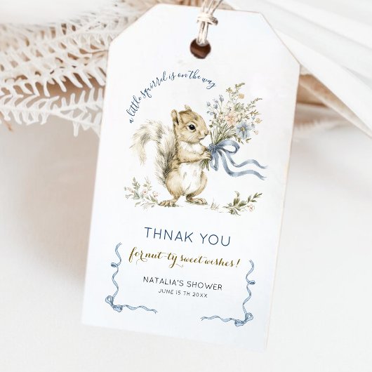 Watercolor Blue Ribbon Squirrel Baby Thank You ギフトタグ