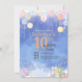 Watercolor Blue Sky Balloon Birthday Invitation 招待状