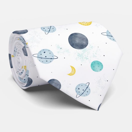 Watercolor Blue Space Planet Pattern ネクタイ (ロール)