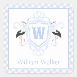Watercolor Blue Stork Gingham Monogram Crest スクエアシール