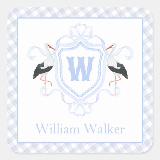Watercolor Blue Stork Gingham Monogram Crest スクエアシール (正面)